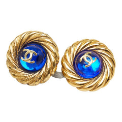 シャネル ココマーク グリポア ヴィンテージ ラウンド イヤリング ゴールド ブルー メッキ ガラス レディース CHANEL 【中古】