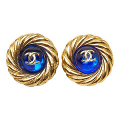 シャネル ココマーク グリポア ヴィンテージ ラウンド イヤリング ゴールド ブルー メッキ ガラス レディース CHANEL 【中古】