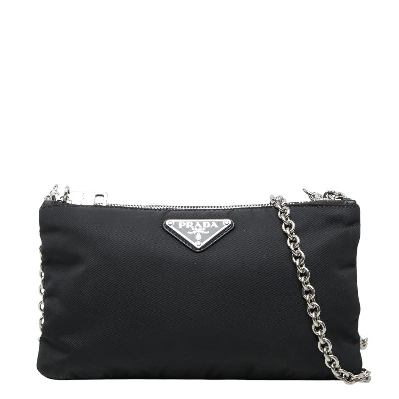 プラダ 三角ロゴプレート 斜め掛け チェーン ショルダーバッグ ブラック ナイロン レディース PRADA 【中古】