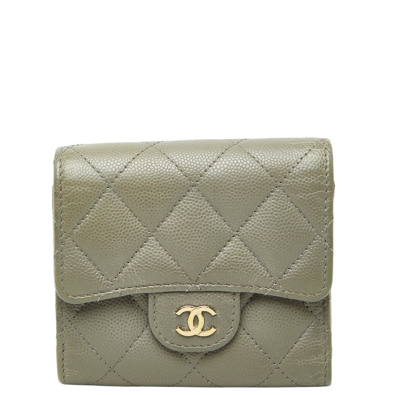 シャネル ココマーク 三つ折り財布 グレー キャビアスキン レディース CHANEL 【中古】
