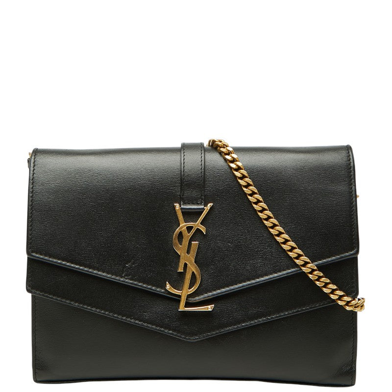 サンローラン YSLロゴ 斜め掛け チェーンウォレット ショルダーバッグ ブラック レザー レディース SAINT LAURENT 【中古】