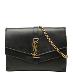 サンローラン YSLロゴ 斜め掛け チェーンウォレット ショルダーバッグ ブラック レザー レディース SAINT LAURENT 【中古】