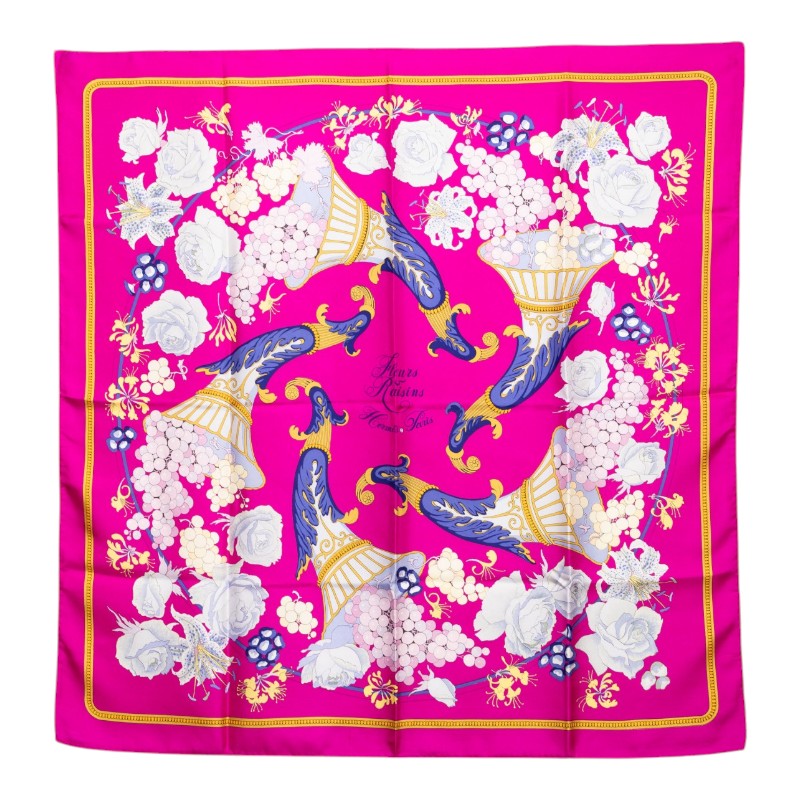 エルメス カレ90 FLEURS RAISINS 葡萄の花 スカーフ ピンク マルチカラー シルク レディース HERMES 【中古】