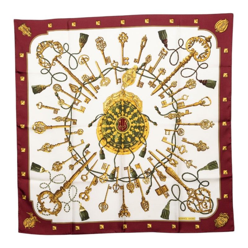 エルメス カレ90 LES CLES 鍵 スカーフ レッド マルチカラー シルク レディース HERMES 【中古】