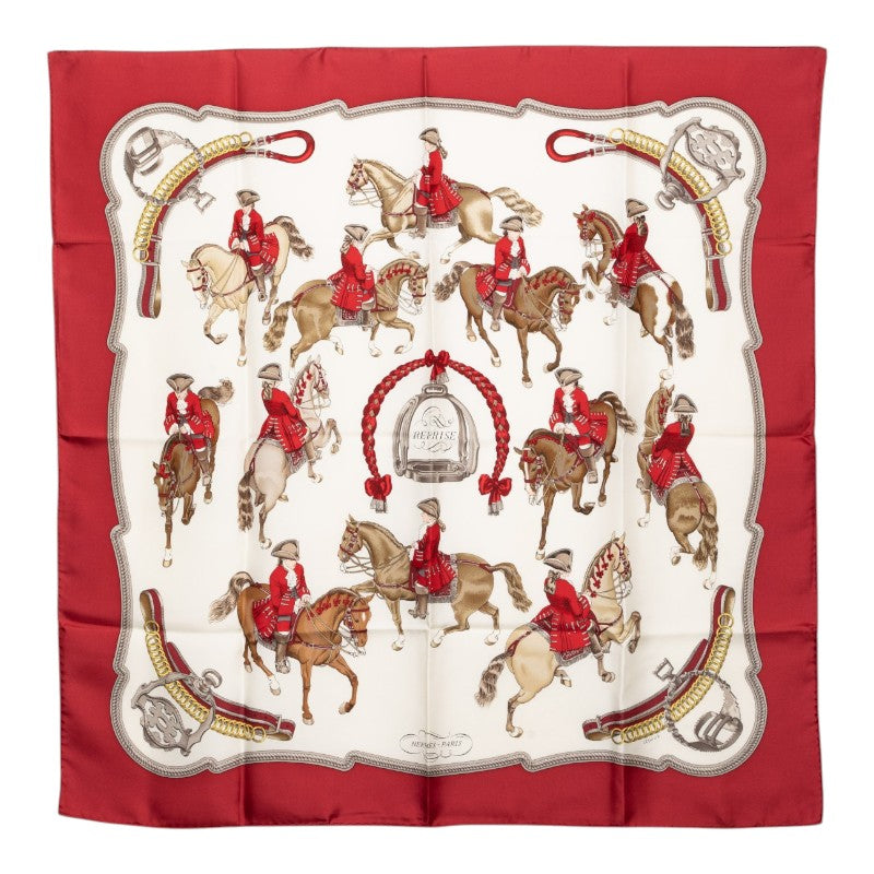 エルメス カレ90 REPRISE 乗馬風景 スカーフ レッド マルチカラー シルク レディース HERMES 【中古】