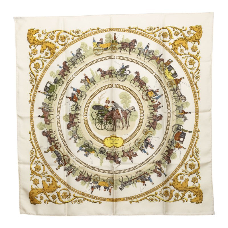 エルメス カレ90 LA PROMENADE DE LONGCHAMPS ロンシャンヘの散歩 スカーフ 大判 アイボリー系 マルチカラー シルク レディース HERMES 【中古】