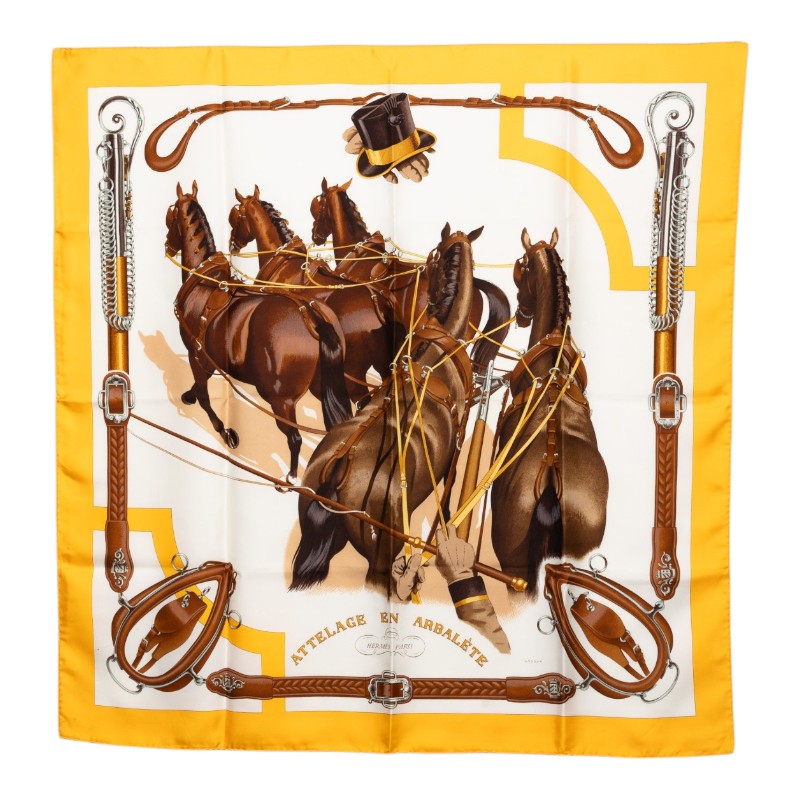 エルメス カレ90 ATTELAGE EN ARBALETE 馬車弓形連結 スカーフ イエロー ブラウン マルチカラー シルク レディース HERMES 【中古】