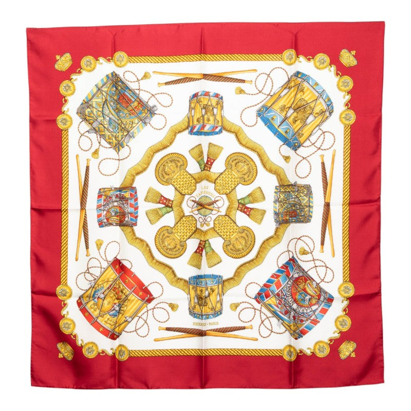 エルメス カレ90 LES TAMBOURS 太鼓 スカーフ レッド マルチカラー シルク レディース HERMES 【中古】