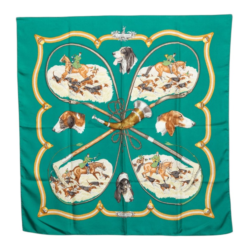 エルメス カレ90 LE LAISSER COURRE 猟犬 スカーフ グリーン マルチカラー シルク レディース HERMES 【中古】