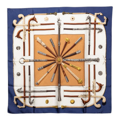 エルメス カレ90 CANNES&POMMEAUX ステッキ スカーフ ブルー系 マルチカラー シルク レディース HERMES 【中古】