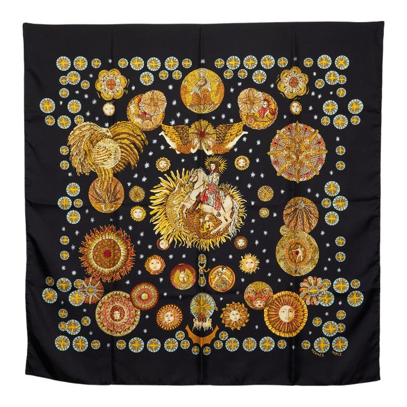 エルメス カレ90 太陽王 LE ROY SOLEIL スカーフ ブラック シルク レディース HERMES 【中古】