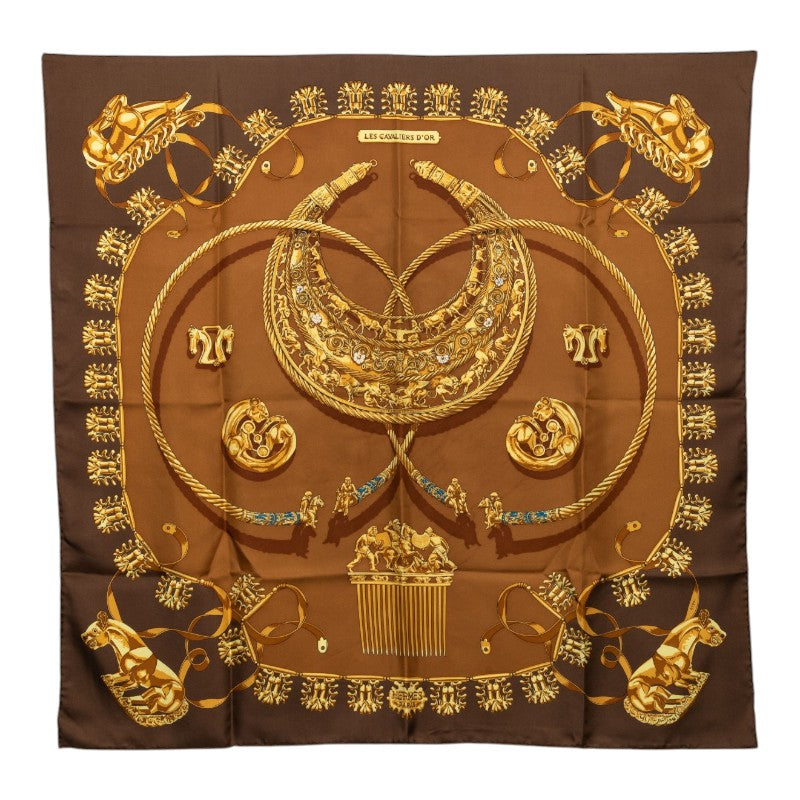エルメス カレ90 LES CAVALIERS D'OR 黄金の騎士 スカーフ 大判 ブラウン系 マルチカラー シルク レディース HERMES 【中古】