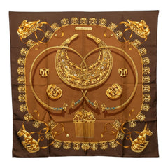 エルメス カレ90 LES CAVALIERS D'OR 黄金の騎士 スカーフ 大判 ブラウン系 マルチカラー シルク レディース HERMES 【中古】