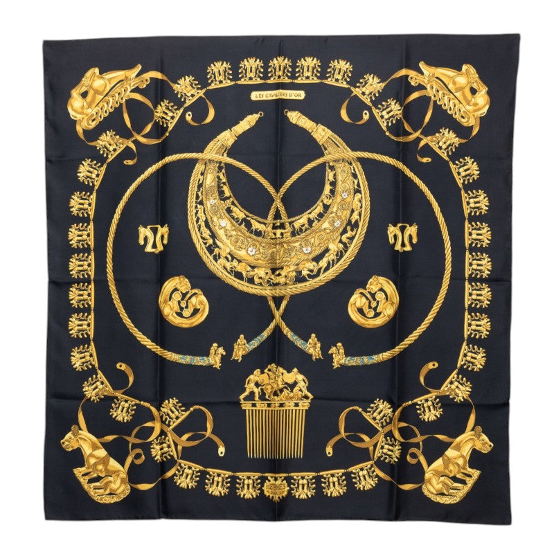 エルメス LES CAVALIERS D'OR 黄金の騎士 スカーフ ブラック ゴールド シルク レディース HERMES 【中古】