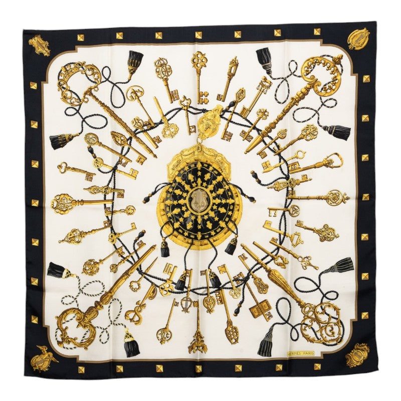 エルメス カレ90 LES CLES 鍵 スカーフ ホワイト ブラック ゴールド シルク レディース HERMES 【中古】