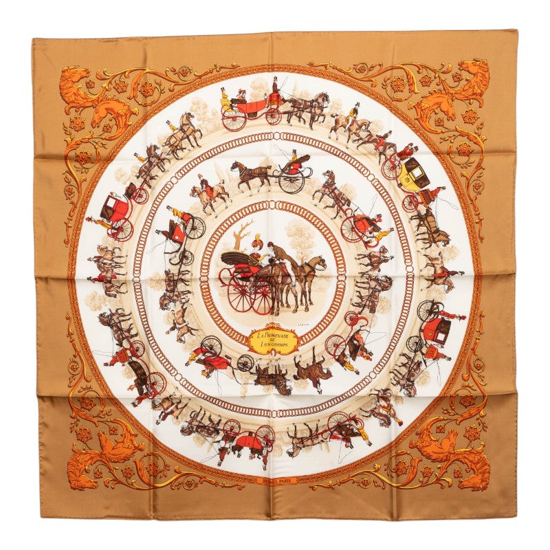 エルメス カレ90 LA PROMENADE DE LONGCHAMPS ロンシャンへの散歩 スカーフ ベージュ ホワイト シルク レディース HERMES 【中古】