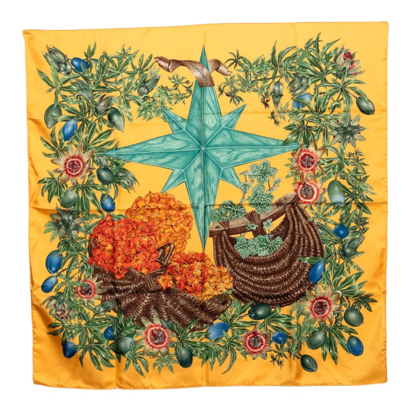 エルメス カレ90 PASSIFLORES パッションフラワー スカーフ イエロー系 シルク レディース HERMES 【中古】