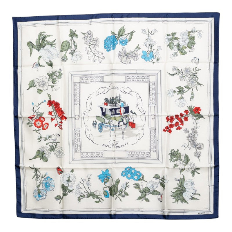 エルメス カレ90 Quai aux Fleurs 花咲く海岸通り スカーフ ホワイト シルク レディース HERMES 【中古】