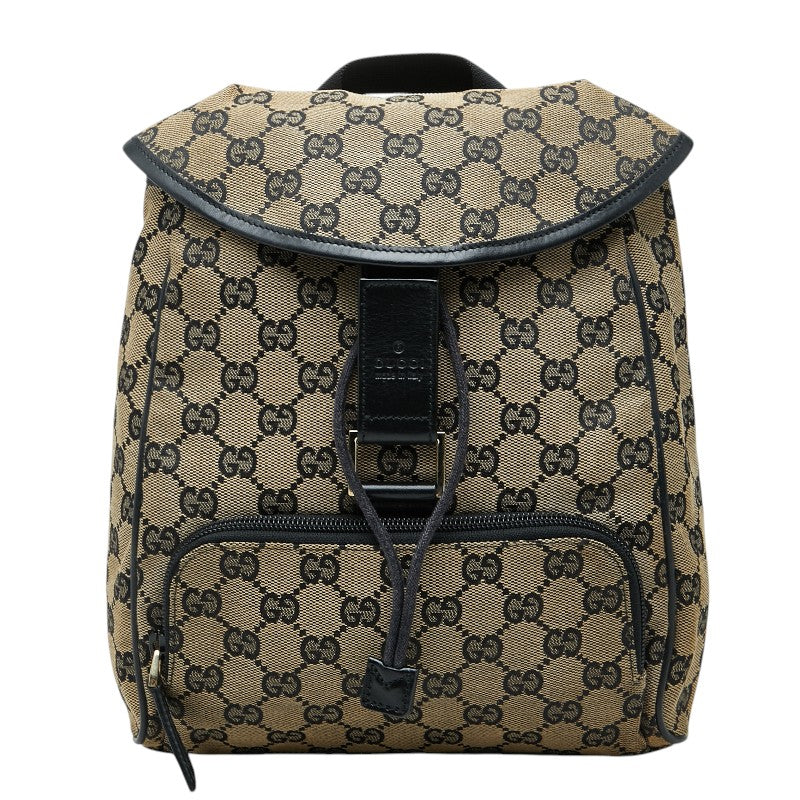 グッチ GGキャンバス バックパック リュック 巾着 019-0352 ベージュ ブラック キャンバス レザー レディース GUCCI 【中古】