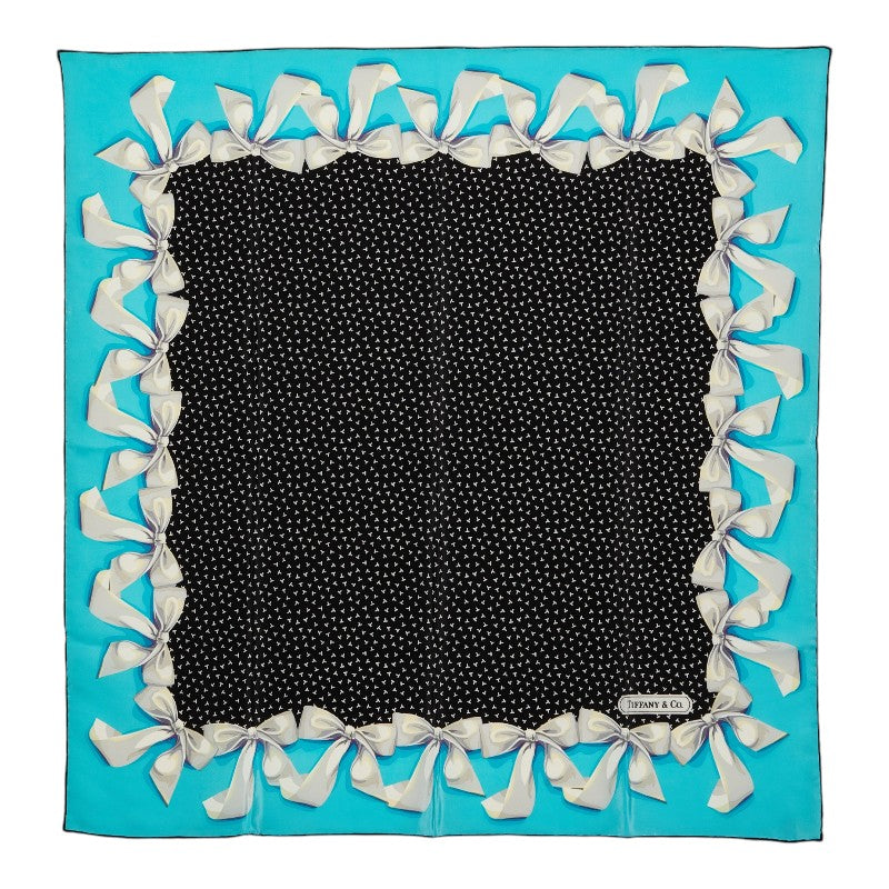 ティファニー T リボン柄 スカーフ 大判 ブルー系 ブラック シルク レディース TIFFANY&Co. 【中古】