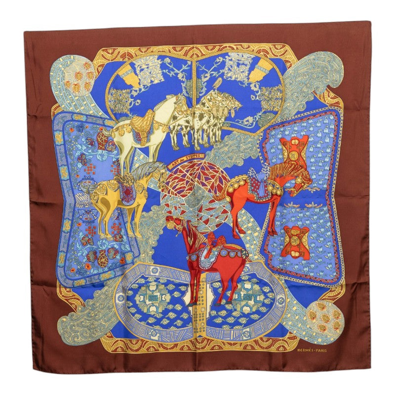 エルメス カレ90 ART des STEPPES ステップ美術 スカーフ ブラウン ブルー シルク レディース HERMES 【中古】