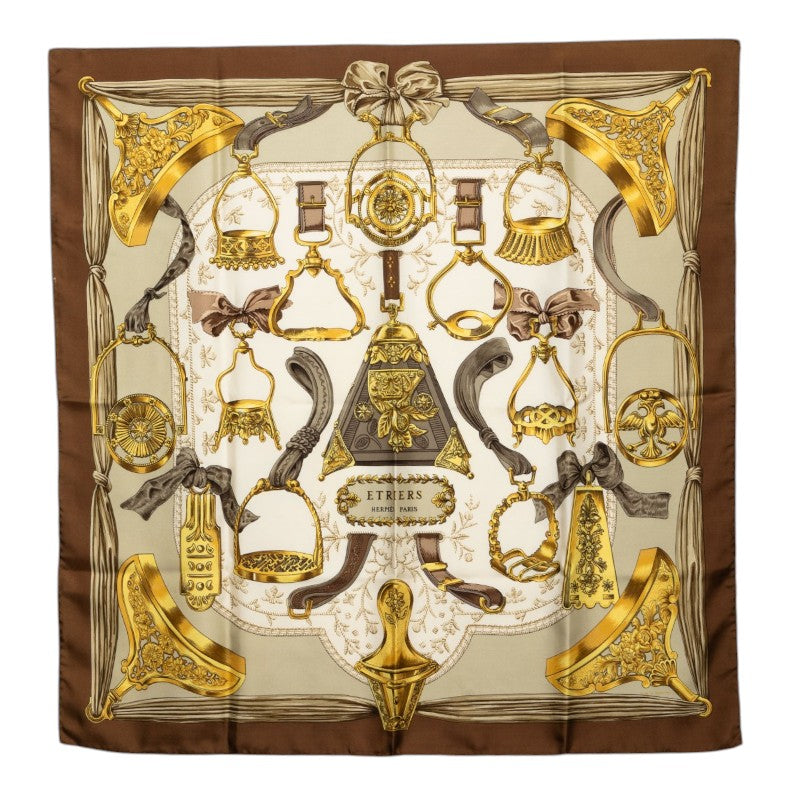 エルメス カレ90 Etriers 鎧 スカーフ ブラウン シルク レディース HERMES 【中古】