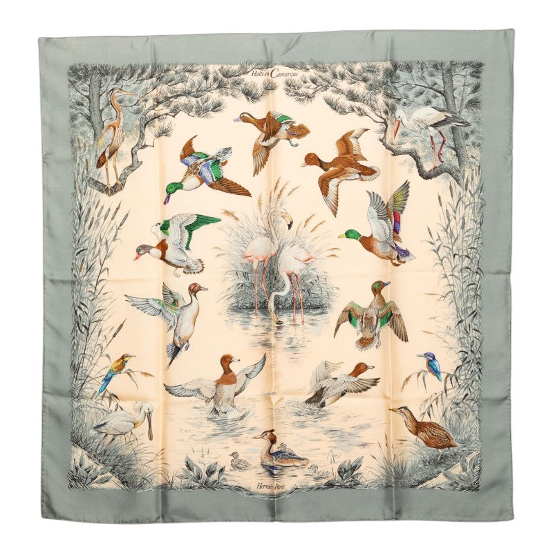 エルメス カレ90 Halte en Camargue カマルグでの休息 スカーフ グレー アイボリー シルク レディース HERMES 【中古】