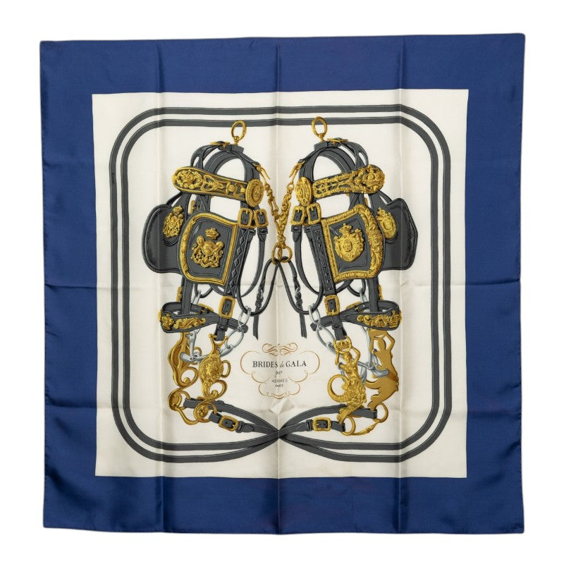 エルメス カレ90 BRIDES de GALA 式典用馬勒 スカーフ ブルー ホワイト シルク レディース HERMES 【中古】
