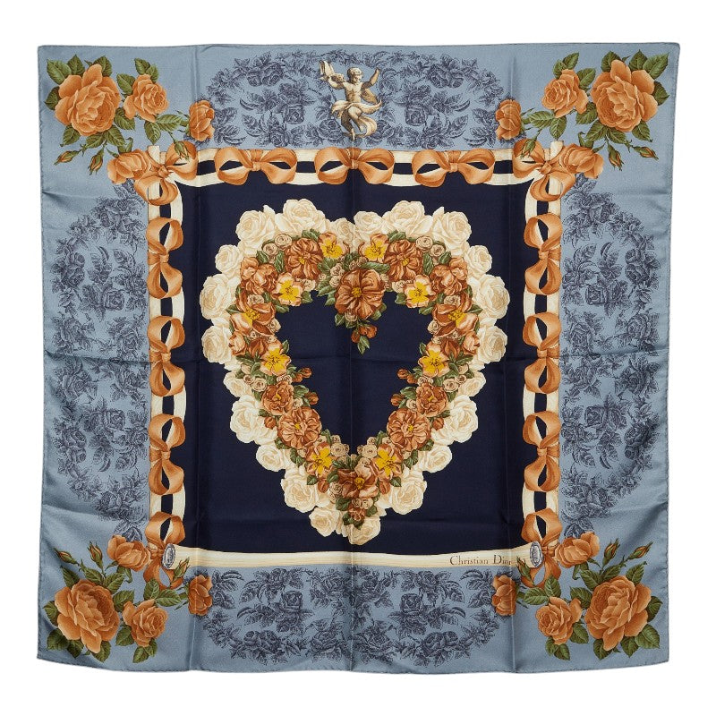 ディオール ロゴ フラワー ハート モチーフ スカーフ ネイビー ブルー マルチカラー シルク レディース Dior 【中古】