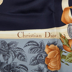 ディオール ロゴ フラワー ハート モチーフ スカーフ ネイビー ブルー マルチカラー シルク レディース Dior 【中古】