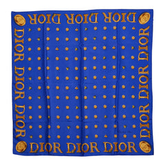 ディオール ロゴ ボタン柄 スカーフ 大判 ブルー ゴールド シルク レディース Dior 【中古】