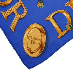 ディオール ロゴ ボタン柄 スカーフ 大判 ブルー ゴールド シルク レディース Dior 【中古】