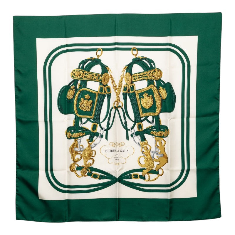 エルメス カレ90 BRIDES de GALA 式典用の馬勒 スカーフ 大判 グリーン系 マルチカラー シルク レディース HERMES 【中古】