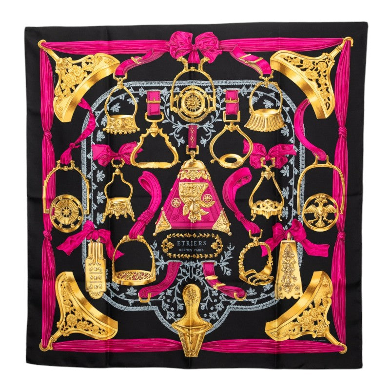 エルメス カレ90 エトリエ ETRIERS 鐙 スカーフ ブラック シルク レディース HERMES 【中古】
