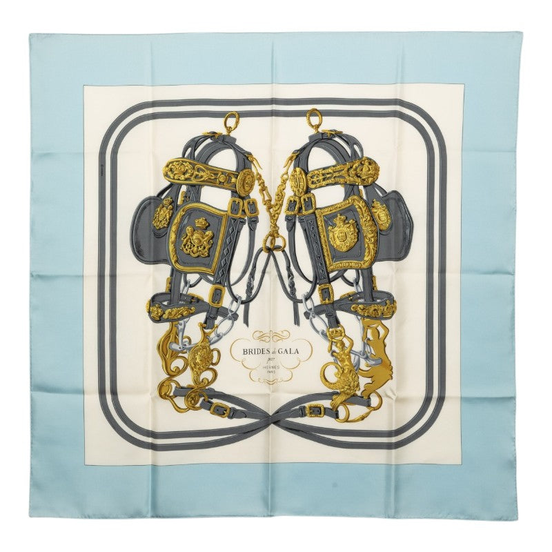 エルメス カレ90 BRIDES de GALA 式典用の馬勒 スカーフ ライトブルー ホワイト シルク レディース HERMES 【中古】