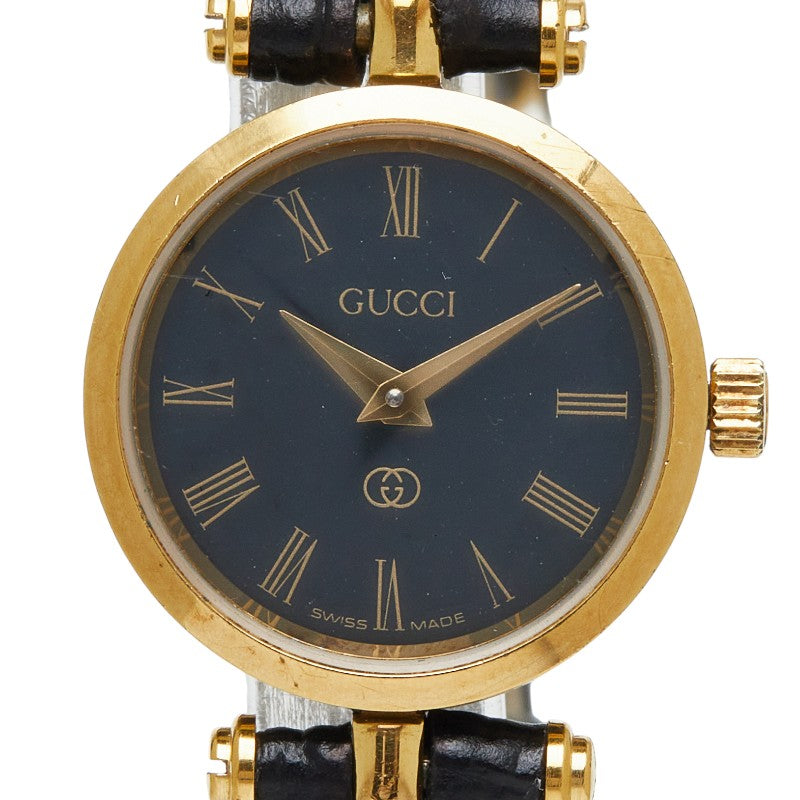 グッチ 腕時計 社外ベルト クオーツ ブラック文字盤 メッキ レザー レディース GUCCI 【中古】