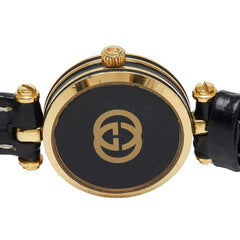 グッチ 腕時計 社外ベルト クオーツ ブラック文字盤 メッキ レザー レディース GUCCI 【中古】