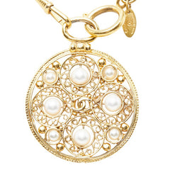 シャネル ココマーク ロング チェーン ネックレス ペンダント ゴールド メッキ フェイクパール レディース CHANEL 【中古】