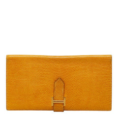 エルメス ベアン クラシック 二つ折り 長財布 イエロー ゴールド金具 リザード レディース HERMES 【中古】