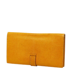 エルメス ベアン クラシック 二つ折り 長財布 イエロー ゴールド金具 リザード レディース HERMES 【中古】