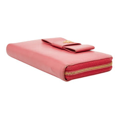 プラダ ロゴ リボン ラウンドファスナー 長財布 1ML506 ピンク サフィアーノレザー レディース PRADA 【中古】