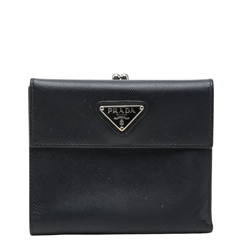 プラダ 三角ロゴプレート サフィアーノ がま口 ニつ折り財布 ブラック レザー レディース PRADA 【中古】
