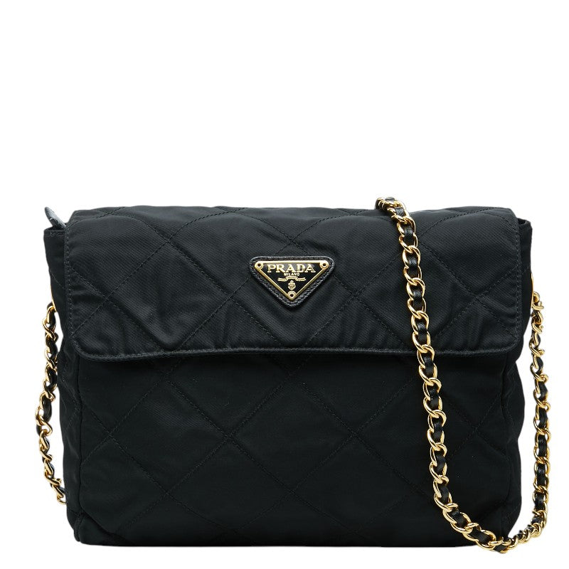 プラダ 三角ロゴプレート チェーン ショルダーバッグ 斜め掛け ブラック ゴールド ナイロン レディース PRADA 【中古】