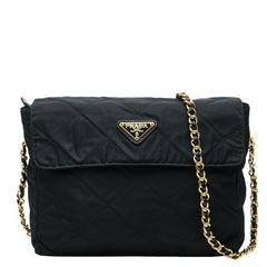 プラダ 三角ロゴプレート チェーン ショルダーバッグ 斜め掛け ブラック ゴールド ナイロン レディース PRADA 【中古】