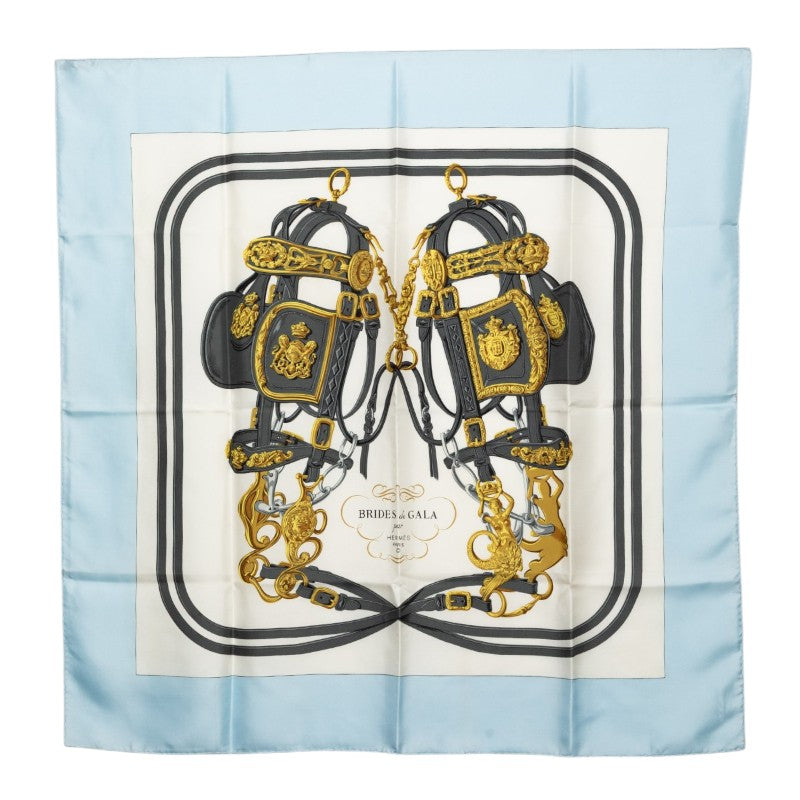 エルメス カレ90 BRIDES de GALA 式典用馬勒 スカーフ ライトブルー ホワイト シルク レディース HERMES 【中古】