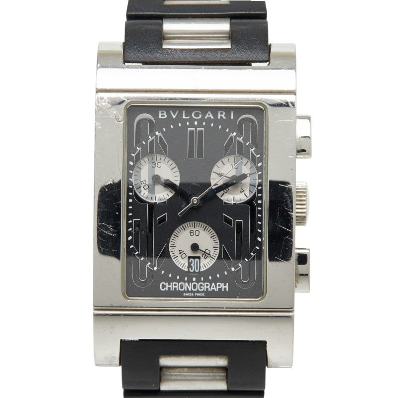 ブルガリ レッタンゴロ 腕時計 RTC49S クオーツ ブラック文字盤 ステンレススチール ラバー メンズ BVLGARI 【中古】
