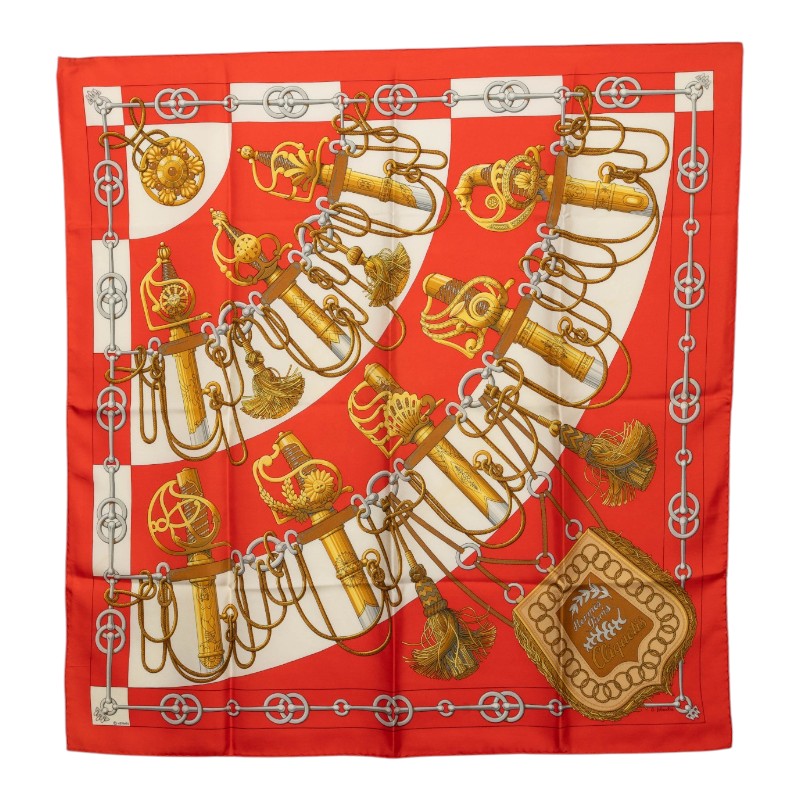 エルメス カレ90 Cliquetis クリケティス スカーフ レッド系 ホワイト シルク レディース HERMES 【中古】