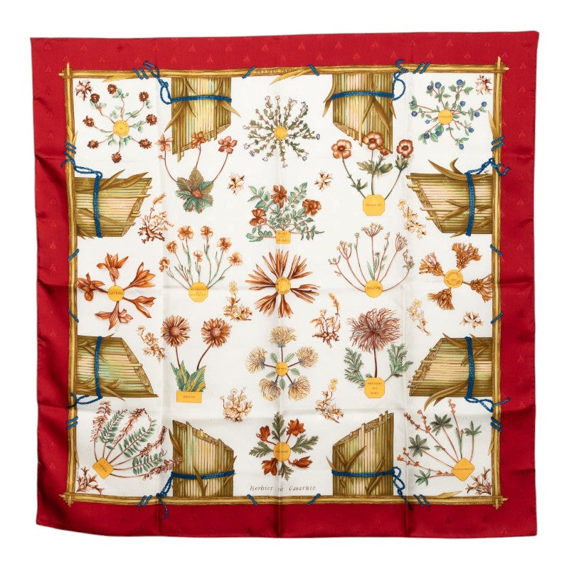 エルメス カレ90 Harbier de Gavarnie カヴァルニー圏谷の押し花 スカーフ レッド ホワイト シルク レディース HERMES 【中古】