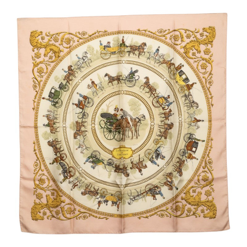 エルメス カレ90 LA PROMENADE DE LONGCHAMPS ロンシャンへの散歩 スカーフ ピンク アイボリー シルク レディース HERMES 【中古】