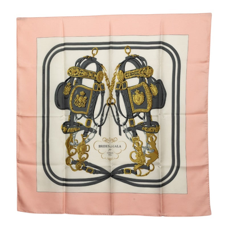 エルメス カレ90 BRIDES de GALA 式典用の馬勒 スカーフ ピンク アイボリー シルク レディース HERMES 【中古】